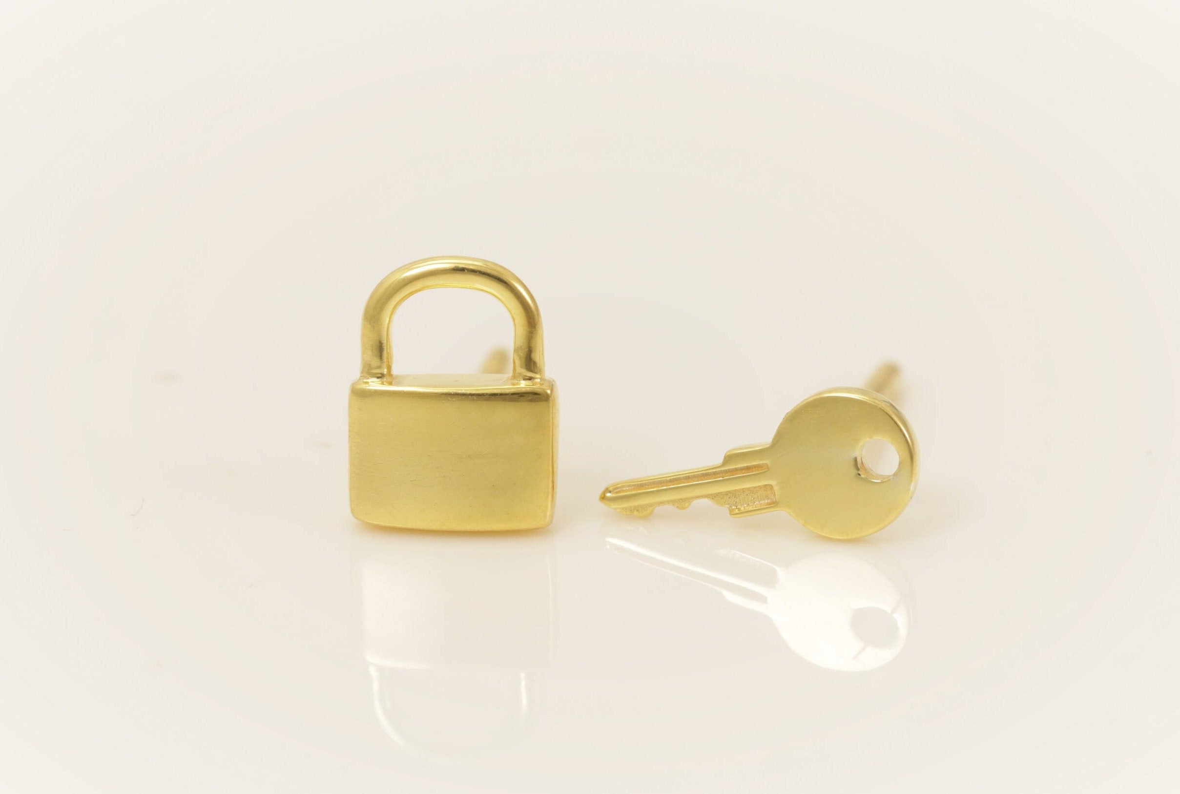 Lock and Key Stud Earrings, Minimalist Earrings, Key and Lock Mismatched Earrings, Key Stud Earrings, Gift for Her